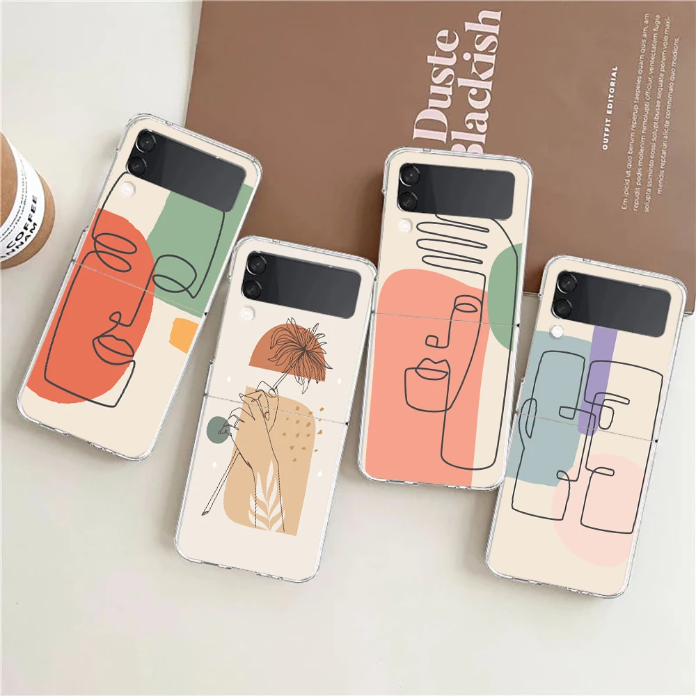 Flower One Line Wall Art Clear Phone Case For Samsung Galaxy Z Flip 3 4 5 Hard Folding PC Shell For Samsung Z Flip3 Back Cover