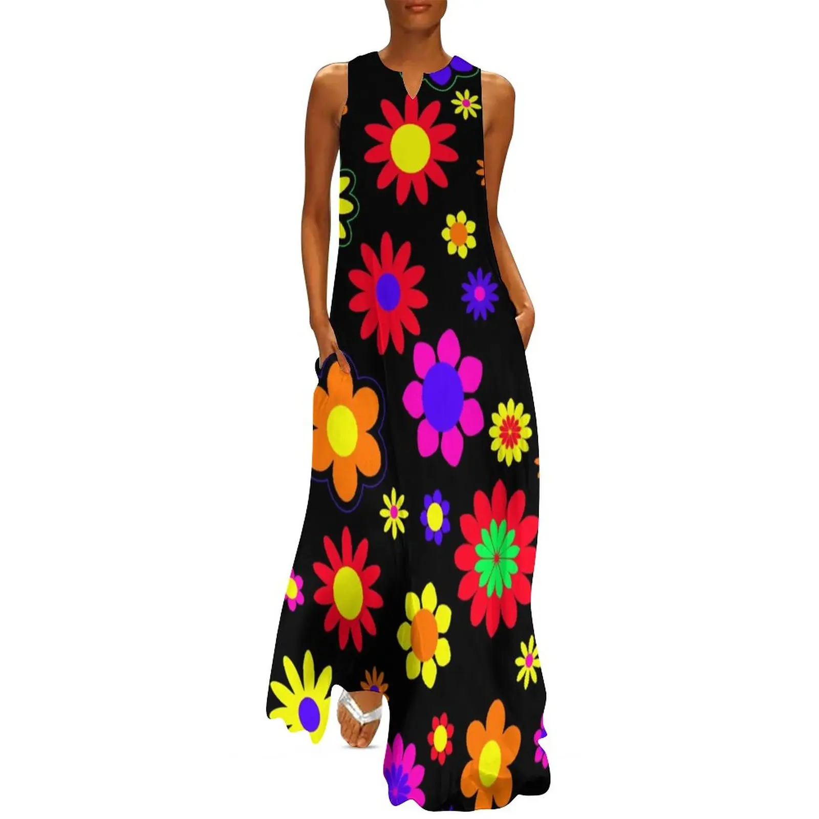 

Retro Bright Flowers Dress Hippie Flower Power Maxi Dress Street Style Bohemia Long Dresses Women V Neck Print Oversize Vestido