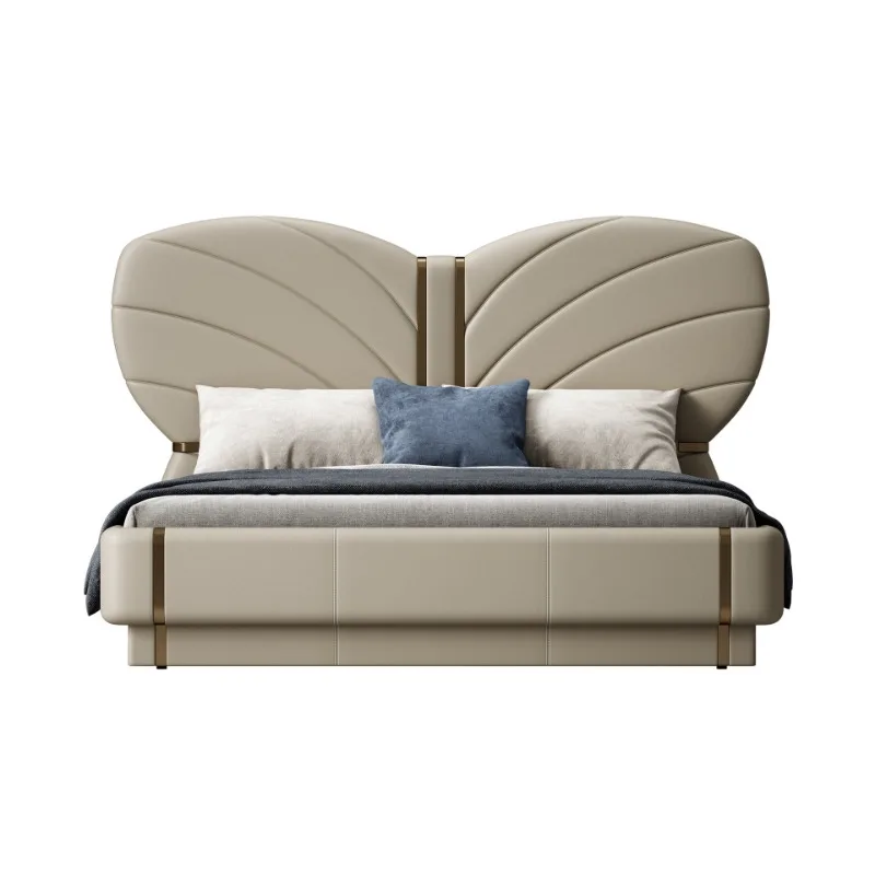 سرير جلدي فاخر وخفيف الوزن، مصمم غرفة نوم رئيسية للفيلا الراقية، سرير فراشة مزدوج السرير