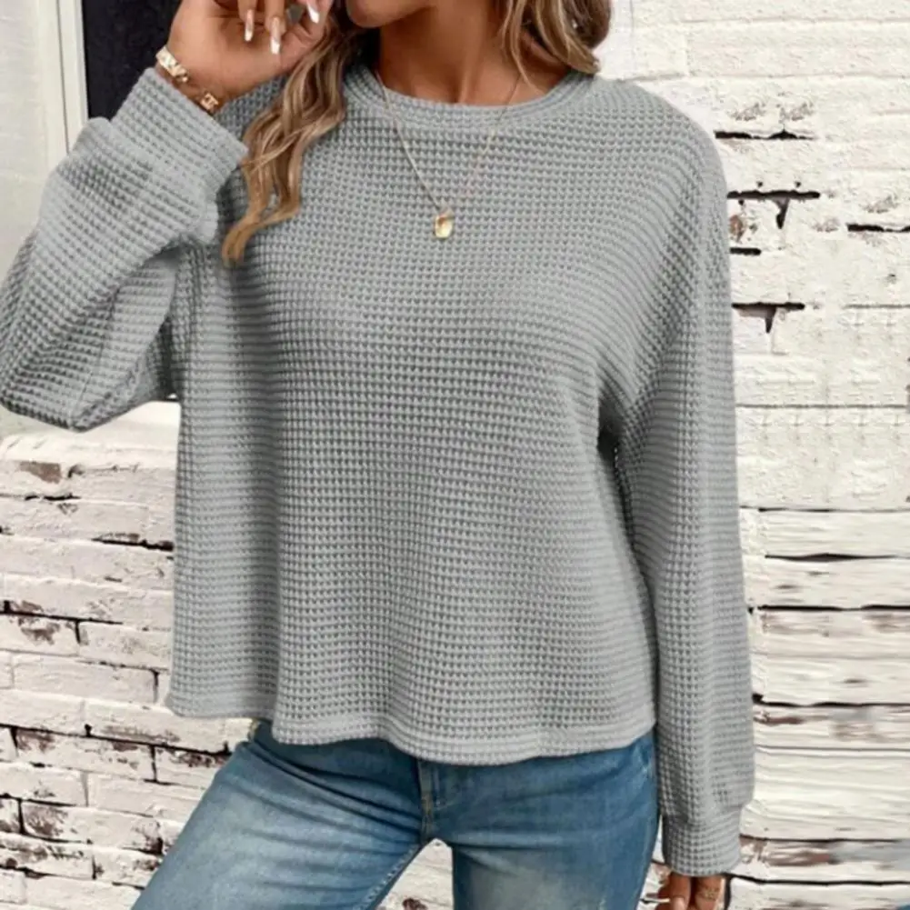 Women Polyester Top Cozy Knitted Waffle Texture Sweater Women's Soft Stylish Fall/spring Loose Long Sleeve Top in Solid Colors