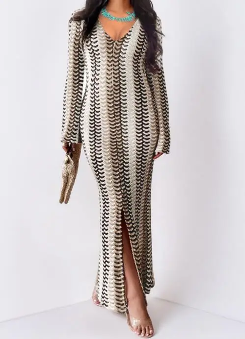 

Women's Dresses 2025 Autumn and Winter Vacation Style Elegant Sexy V-Neck Long Sleeved Hip Hugging Long Skirt Dress for Women