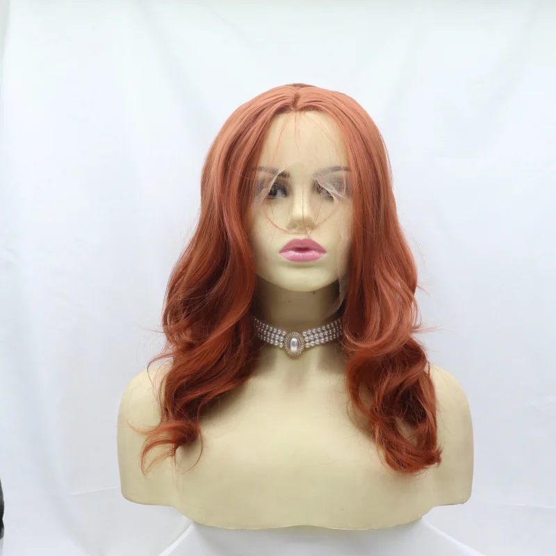 

350#Orange-red synthetic fiber front lace short curly wig for daily use