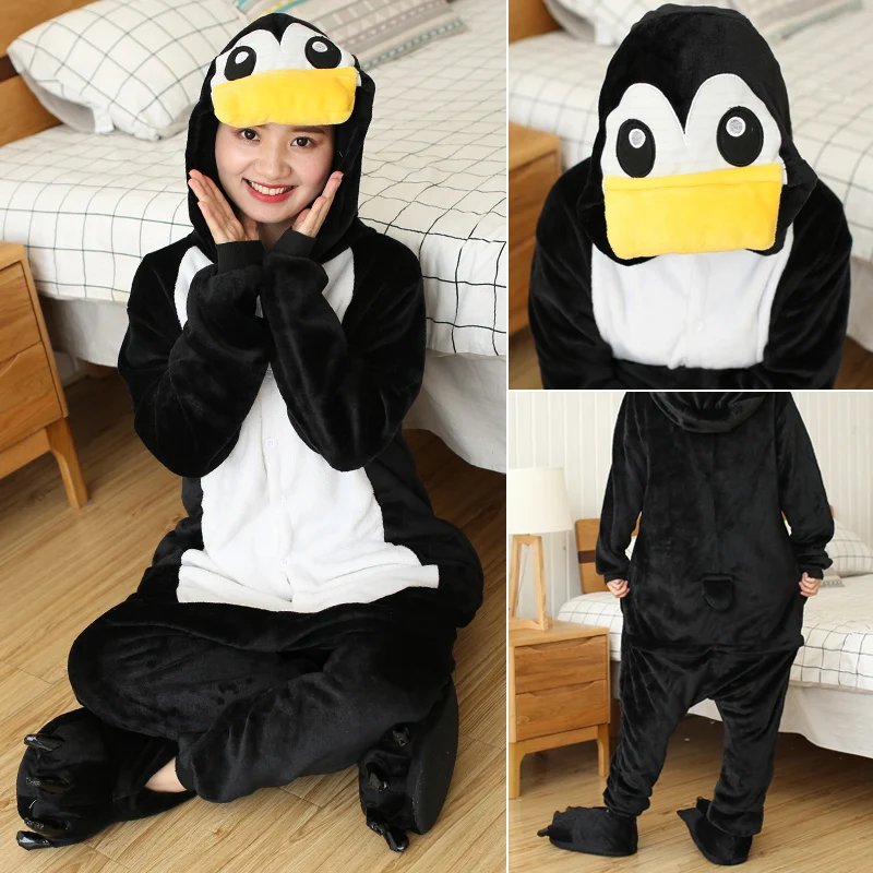 Kigurumi czarna pingwin piżama kreskówkowa Onesies dla dorosłych kobiety mężczyźni piżama w kształcie zwierząt boże narodzenie Halloween na imprezę Cosplay kostiumy