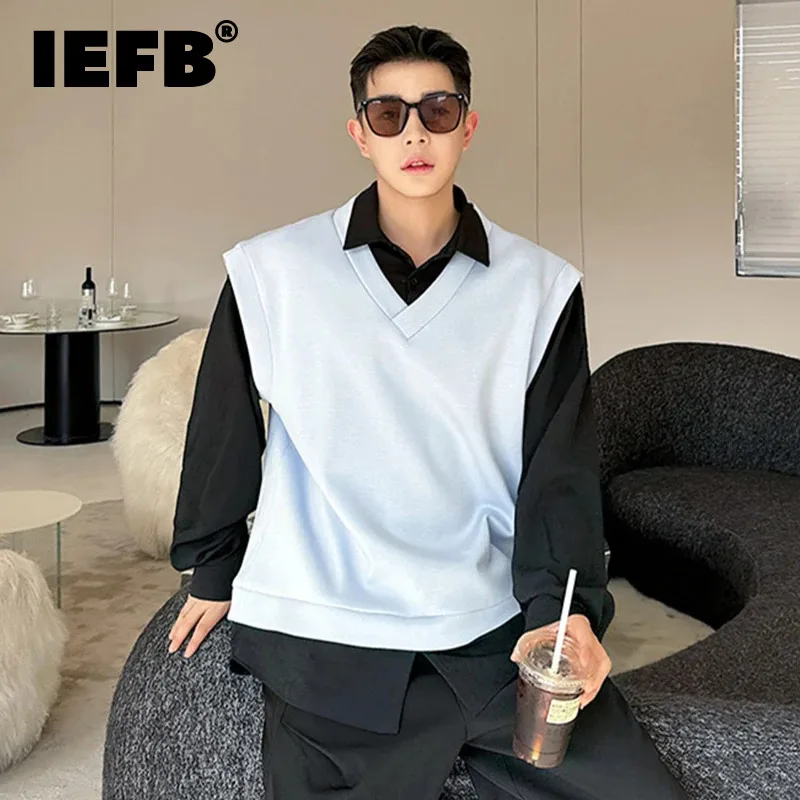 

IEFB Male Autumn Fake Two-piece Shirt Lapel Contrast Color Long Sleeve Korean Style Men Clothing 2024 Spring Fashion Tide 9C5115