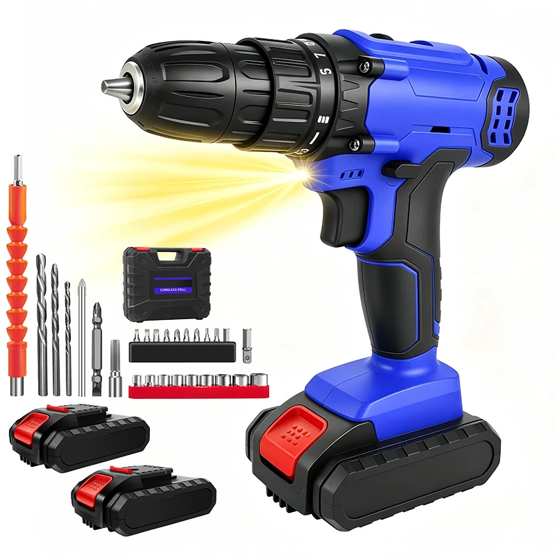 BRIEFNESS Akku-Bohrschrauber 21V, Kit mit Li-Ionen-Akku 1500mAh, 25+1 Drehmomentstufen, max. 45N.m, 29 Zubehörteile, 2 Drehzahlen, LED-Licht, 3/8" Spannfutter, für DIY zu Hause und Garten