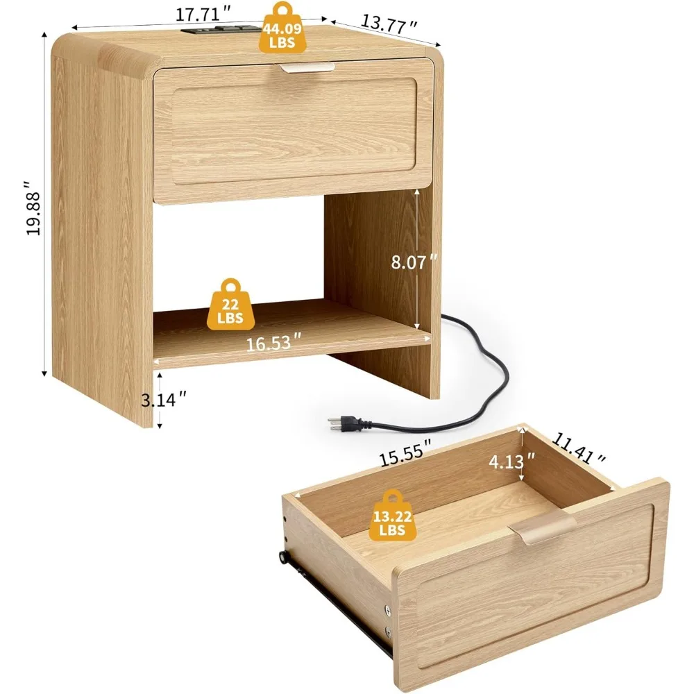 Par de mesitas de noche modernas de mediados de siglo con estación de carga, rincones curvos, mesitas de noche de madera para decoración elegante del hogar