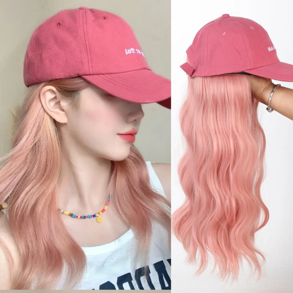 Pink Baseball Cap Seamless Connection Hair Extensions Synthetic 18inch Fluffy Long Wave Wig Hats for Women Adjustable Cap Wigs