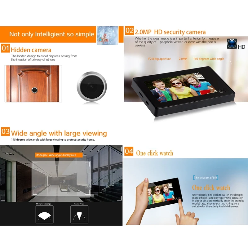 4.3Inch HD Door Peephole 145 Degree Wide Angle Digital Smart Doorbell TFT Color Door Eye Home Security Camera Monitor