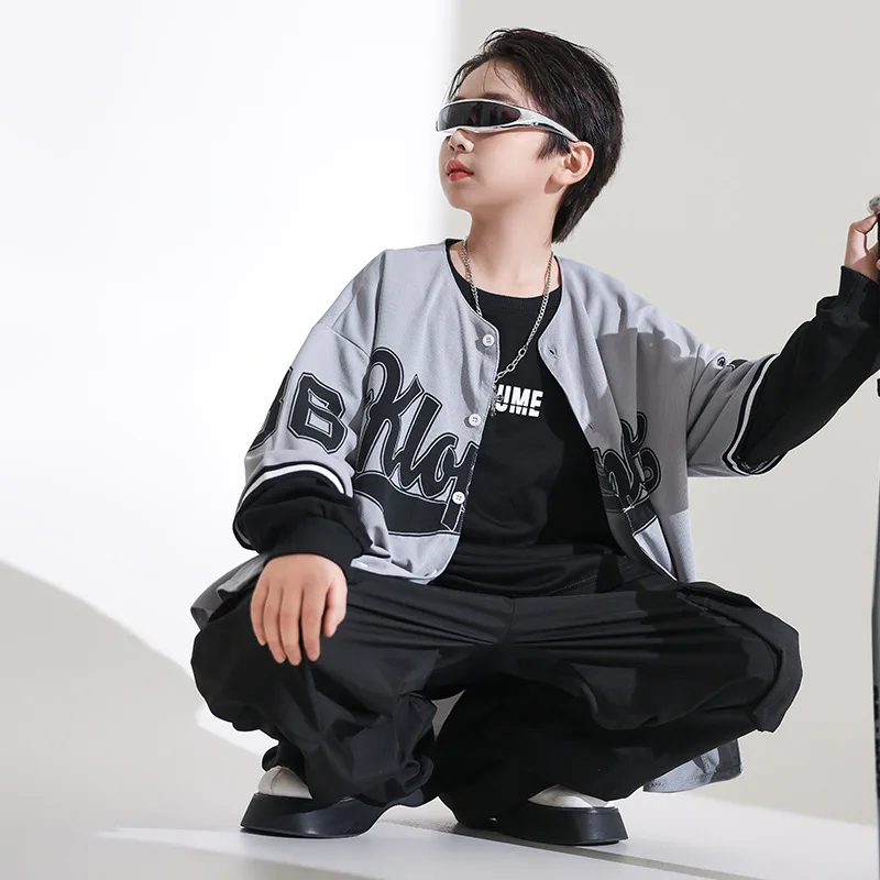 Kid Hip Hop Clothing Gray Cardigan Shirt Top Black Casual Pocket Wide Ruched Cargo Pants for Girl Boy Jazz Dance Costume Clothes