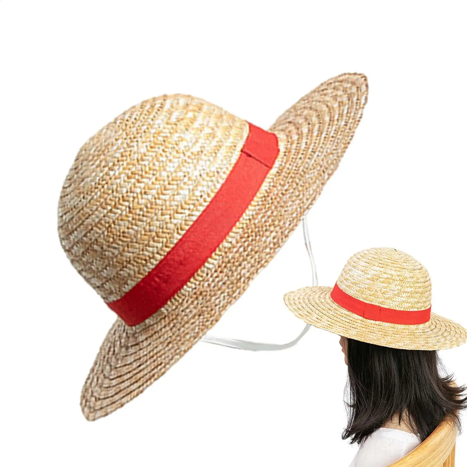 Luffy Cosplay Hut Luffy Strohhut Anime Luffy Performance-Requisiten Kostümparty Gelber Sommer-Strohhut mit Seil für Fans und Jugendliche