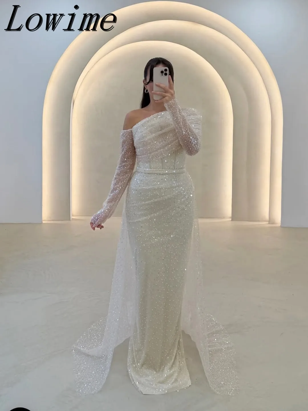 

Elegant Cream Slanted Shoulder Beading Mermaid Evening Party Gown Plus Size Girls Princess Long Sleeves Prom Dress Customized