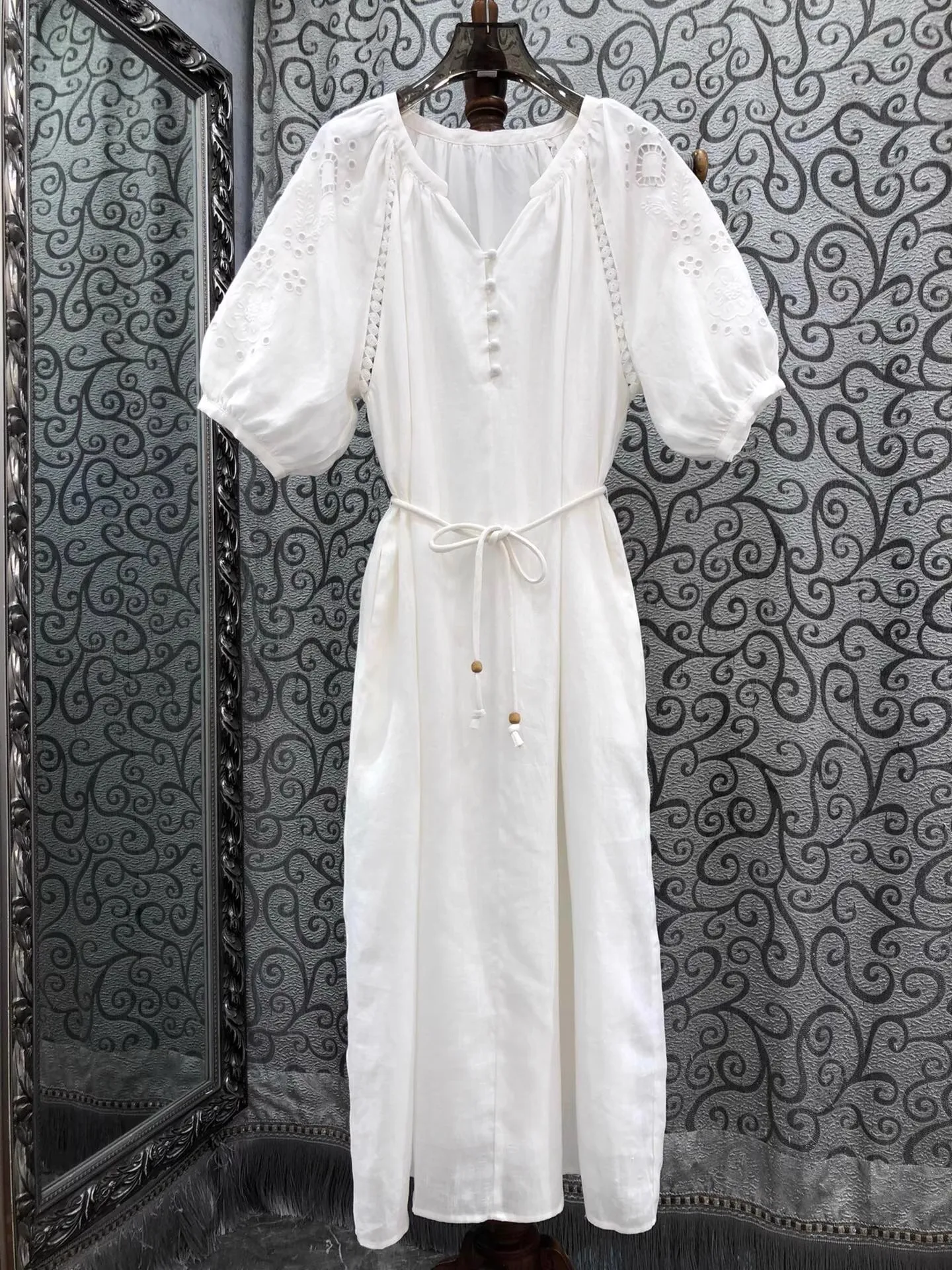 

100%Linen Dress 2025 Summer Luxurious Women V-Neck Hollow Out Embroidery String Belt Short Sleeve Mid-Calf White Yellow Dress
