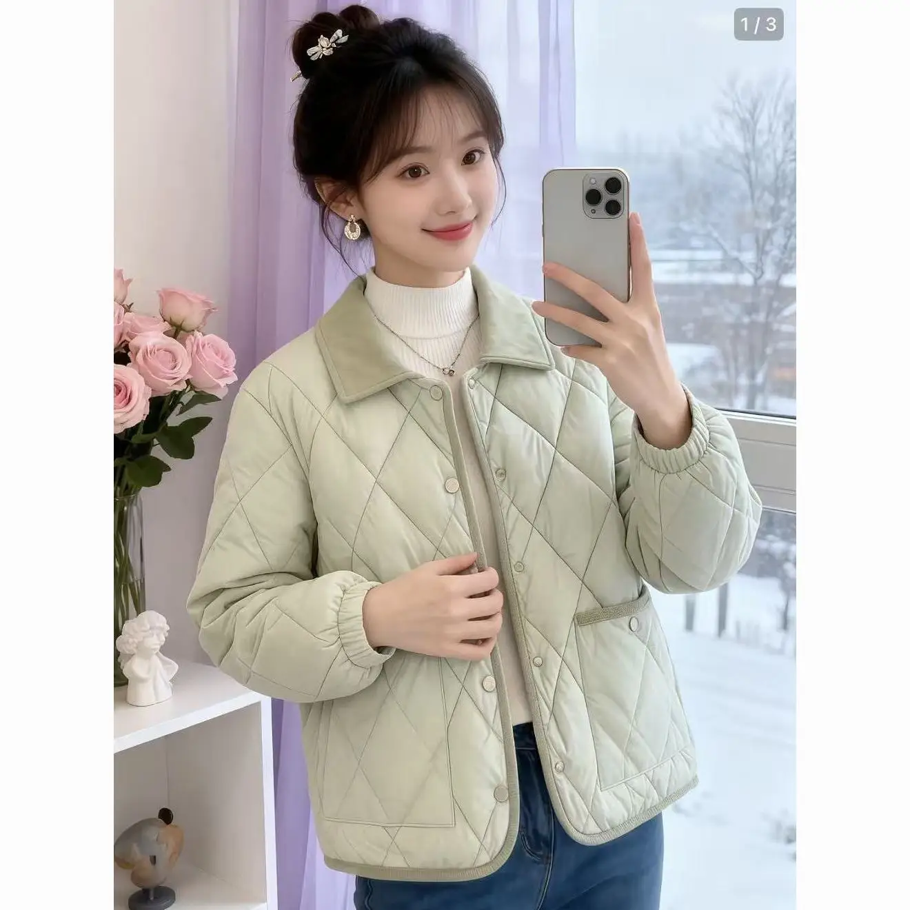 Gentle Bean Green Diamond Grid Cotton Jacket Slimming Keeping Warm Lightweight Spring Autumn Style Fresh Cotton Jacket