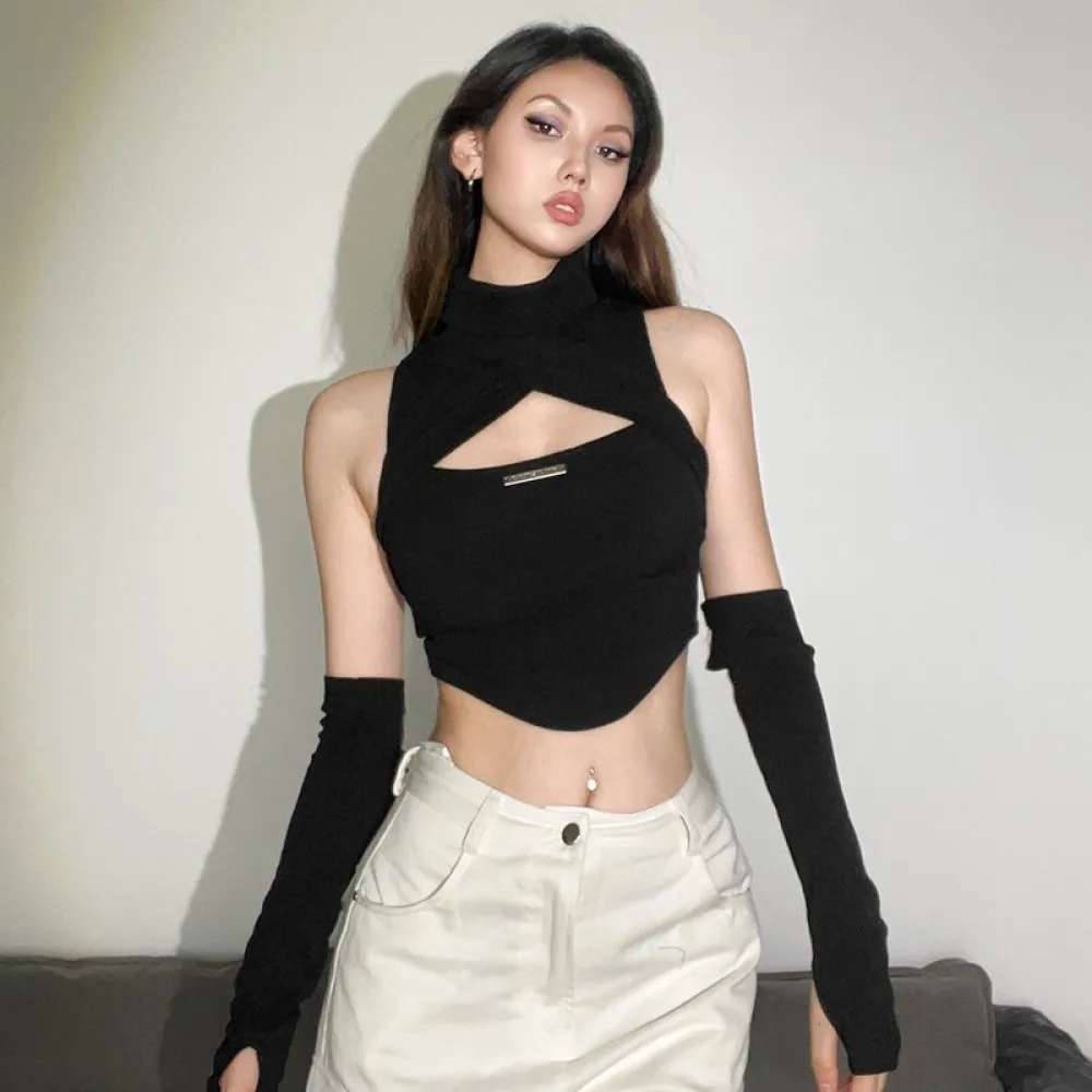 

SylCue Sexy Hollow Tank Tops+Solid Sleeve Cover Woman Turtleneck Navel Exposed Skinny Stretch Hot Girls High Street Style Tops