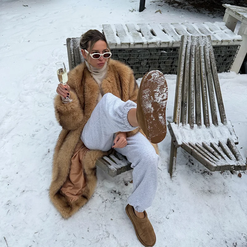 Stylish Cozy Brown Stripes Premium Faux Fur Maxi Coat Women Winter Warm Outwear Fur Season Outfit Inspiration with Vintage Fur