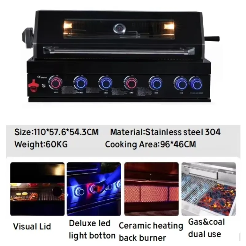 Top Rated Independent Burners 304 Black Stainless Steel Modern Premium Gas/Charcoal Hybrid for Year-Round Outdoor Cooking