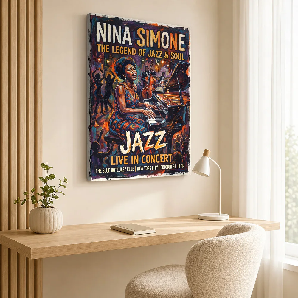Nina Simone Jazz Concert Canvas Painting Poster Custom Photo Retro Music Wall Art for Bar Decor Collectible Ready to Hang Gift