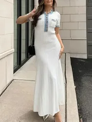 TRAFZA donna estate Chic Denim cuciture lavorato a maglia o-collo monopetto tasca abito decorativo donna abito a maniche corte Mujer