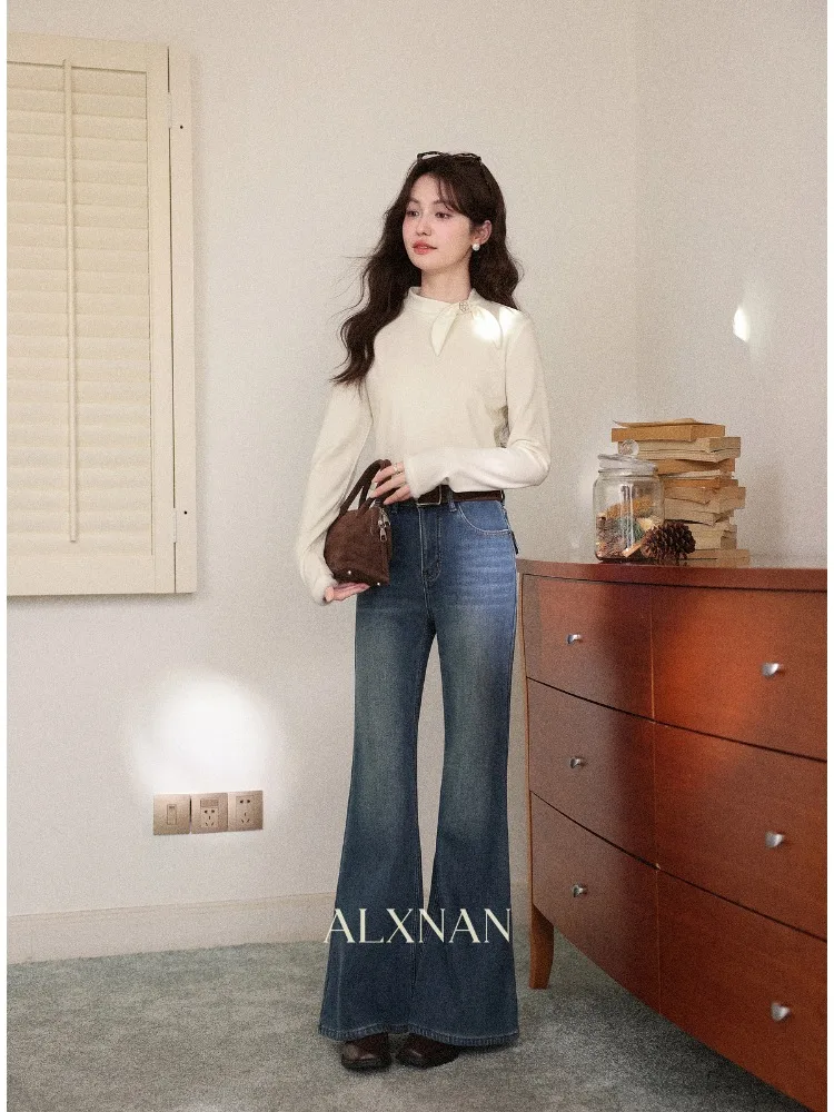 ALXNAN Women's Apricot Fleece-lined T-shirt Unique Bow Neckline Slim Fit Basic Casual Pullover Fashion Long Sleeve Tees L60555