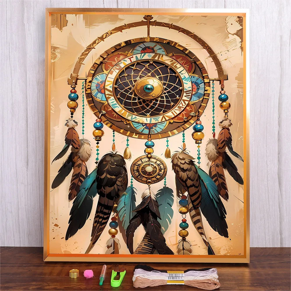 

DIY Feather Dream Catcher Embroidery Kit Indian Full Printed Pattern Cross Stitch Set DMC Thread Needlework Handmade Art Craft