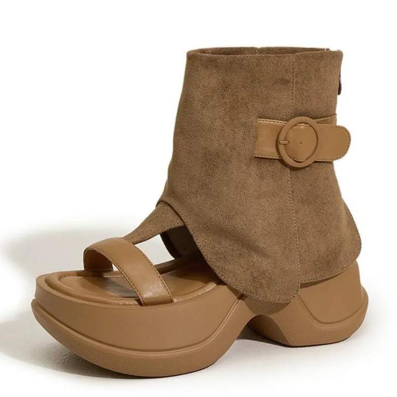 

Высококачественные ботильоны Мэри Джейн из микрофибры в этническом стиле 8 см, женские ботильоны на платформе, летние туфли на танкетке с открытым носком и открытым носком