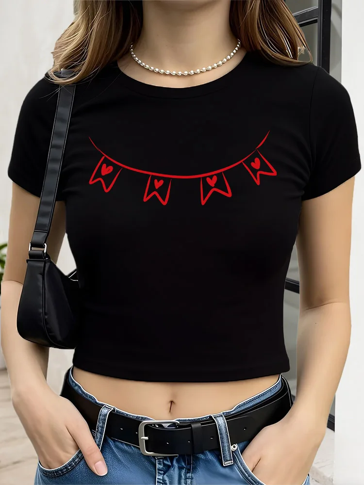 

Flag of Love Women Graphic Crop Top Black Short Sleeve Slim Fit T-Shirt Basic Spring Summer Top