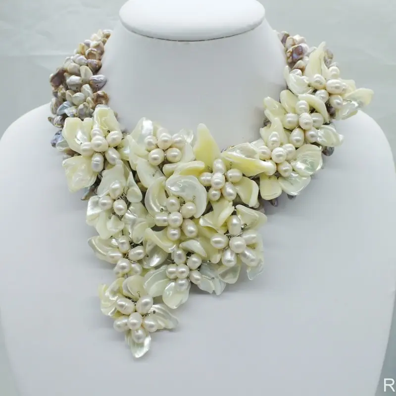 WWZ-102#   Excellent!  deep sea Shell pearl  Flower Necklace 18\