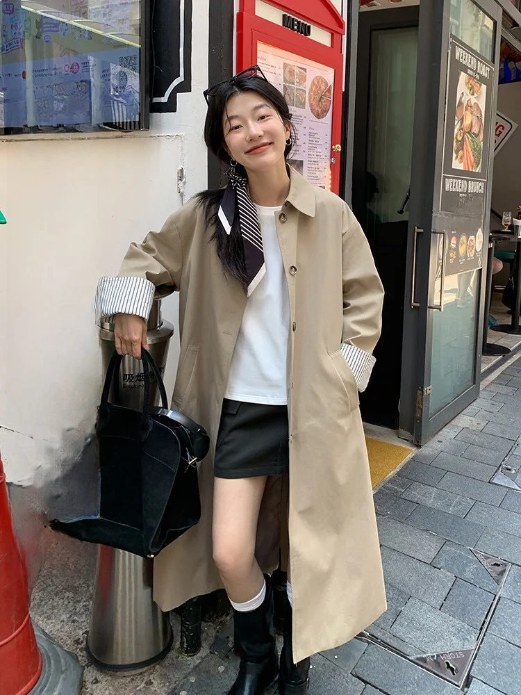 

Корейское весеннее пальто цвета хаки для женщин, средней длины, модель 2026, маленький размер, свободный крой, на одной пуговице, повседневное