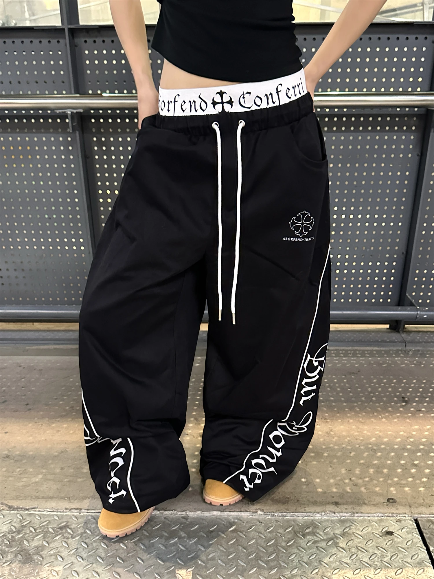 Women's Gothic Printed Baggy Pants Streetwear Y2K Fashion Black Wide Leg Trousers Loose Casual Hip Hop Dance Pants
