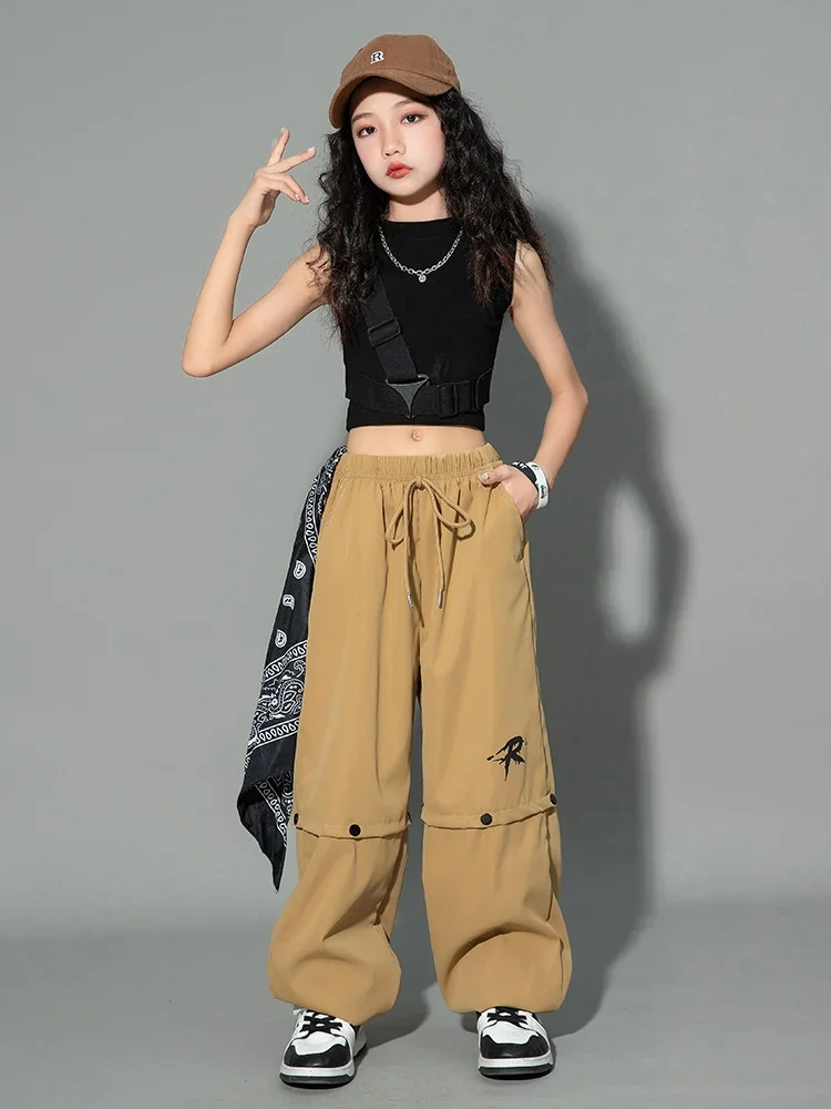 Ropa de baile moderna para niñas, traje de actuación en escenario, nuevo disfraz de Jazz, ropa de Hip Hop de verano, chaleco negro, pantalones caqui para niños