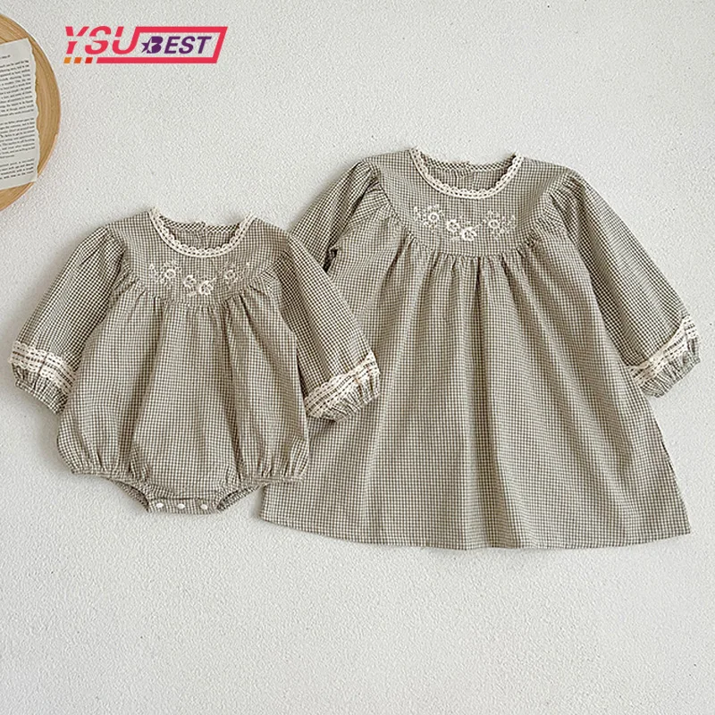 0-7Y Sister Clothing Spring Kids Princess Grid Dresses Baby Girls Rompers Autumn Long Sleeve Cotton Embroidery Children Clothes