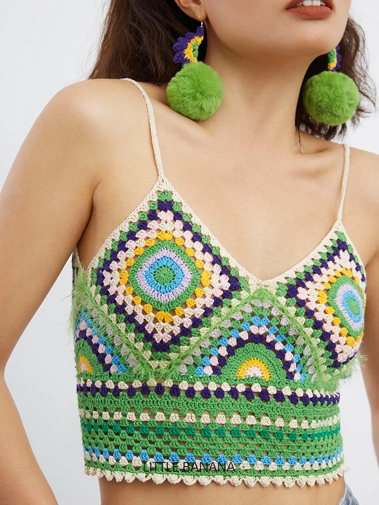 

Sexy Island Knitted Vest Women's Summer Vacation Style Loose Fit Cotton Linen Blend Hand Crocheted Yellow Banana Design Top