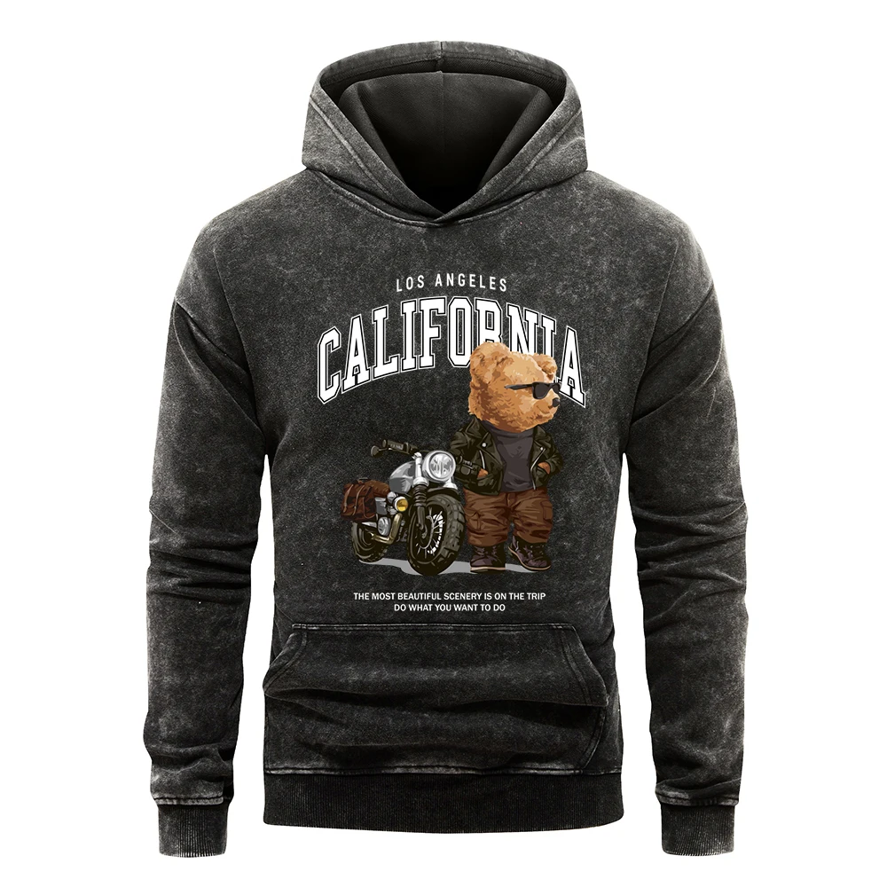 Cool Motorcycle Bear California Print Men Washed Hoodie Trendy Multicolor Hoodies Casual Loose Streetwear All-Match Cotton Hoody