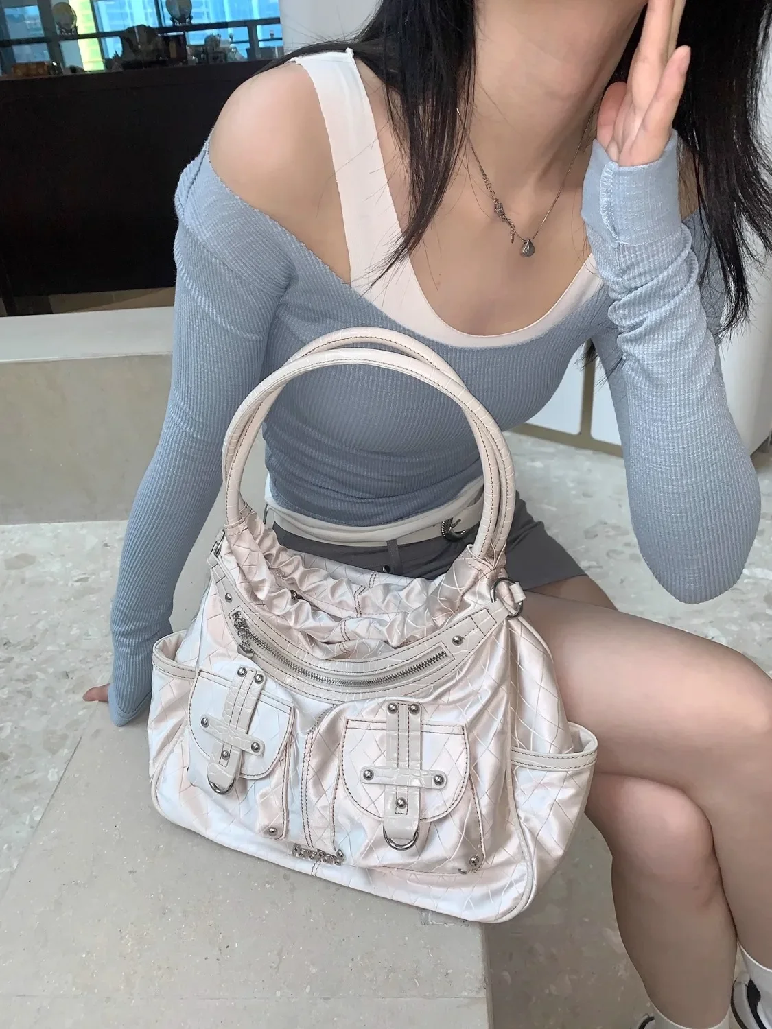 Miyagawa Multi Pocket Y2K Spicy Girl Large Capacity Pleated Soft One Shoulder Underarm Tote Bag 2023 New Bag for Women