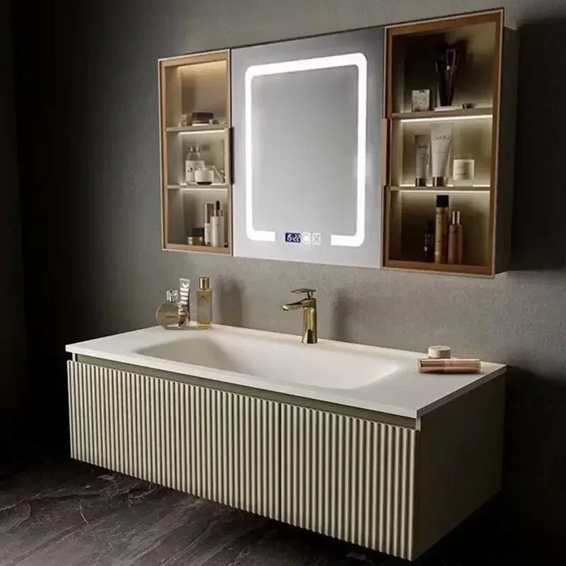 

Light Luxury Oak Bathroom Cabinet LED Smart Mirror Slate Integrated Washbasin Bathroom Vanity Sink Cabinet Bathroom Furniture