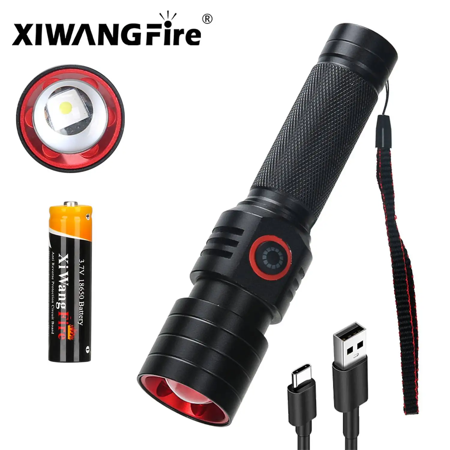 

Powerful LED White Laser Flashlight 18650 or 21700 Battery Aluminum Alloy Zoom Torch Light Lamp with Tail Rope Power Indicator