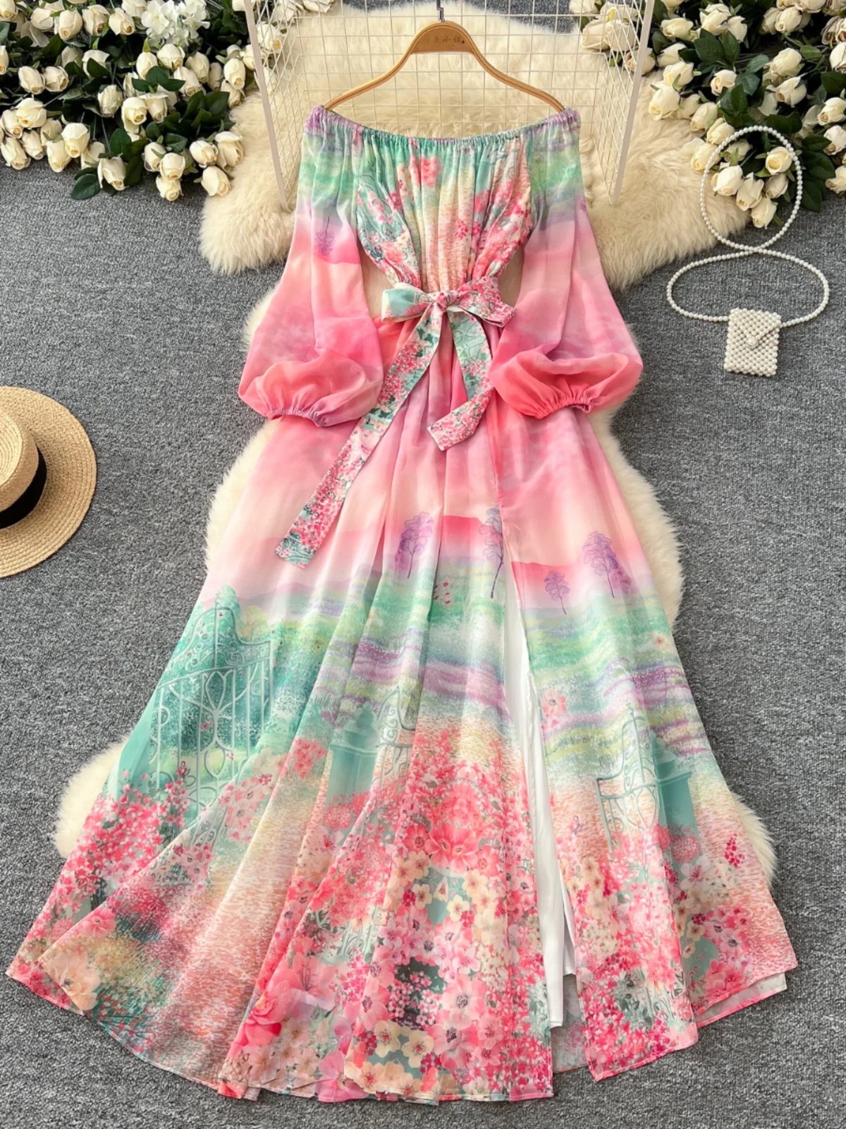 Spring Break Sle หนึ่งไหล่ผูกเอวโคมไฟ Sve พิมพ์ชีฟองยาว Dr เอวสูง A-Line เวอร์ชั่นเกาหลีเดินทาง