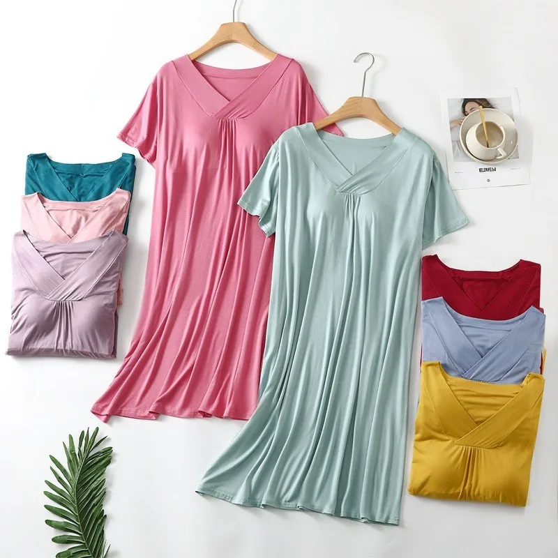 

Modal Nightdress With Chest Pad Night Wears Women Nightgown Nightie Loose Summer Dress Female Sexy V-Neck Pijamas Lingerie