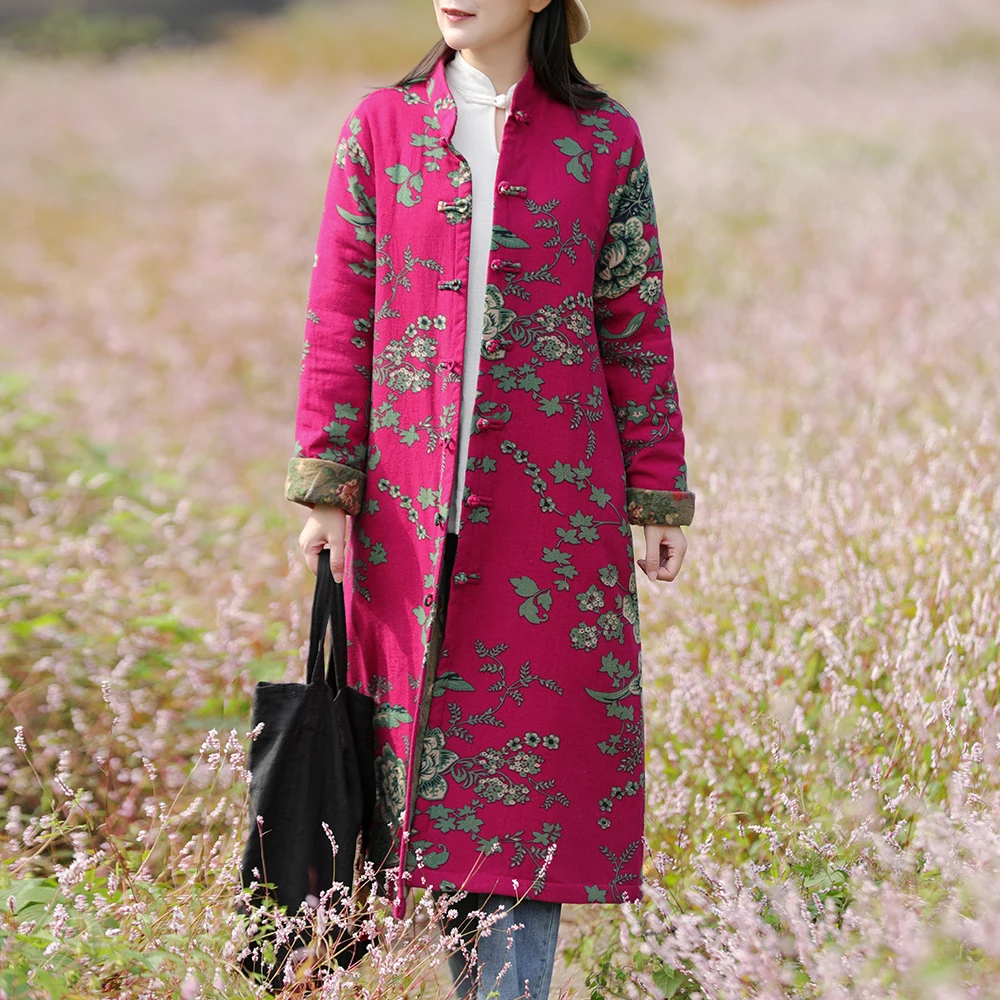 LZJN-Quilted Cotton Padded Coat, Warm Cotton Clothing, Chinese Style, Retro Printed, Ethnic Style, Large Flower, Winter, New