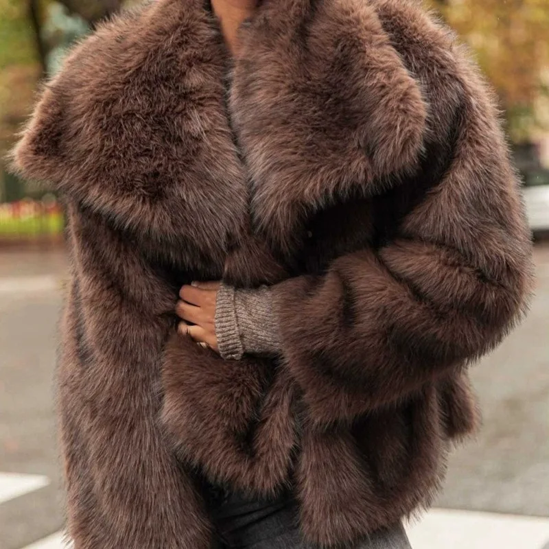 Casualowy płaszcz zimowy z imitacji futra w jednolitym kolorze, nowy model damski, moda uliczna, ciepły, z długimi rękawami, z klapami, elegancki, gruby płaszcz futrzany dla kobiet.