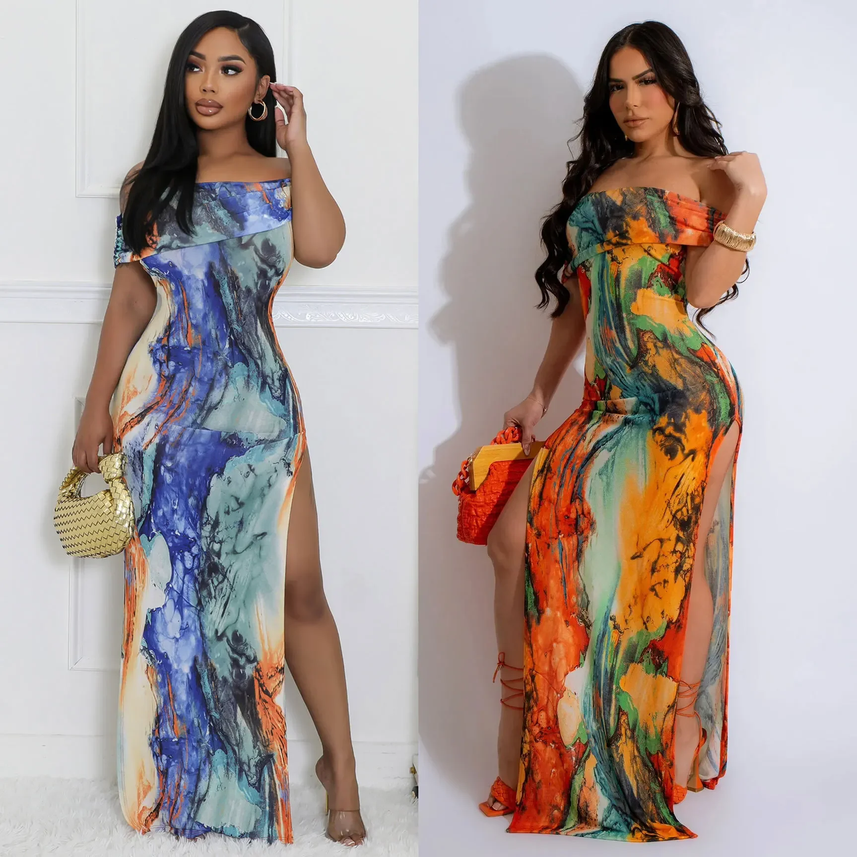 

Off Shoulder Slit Printed Dress Lady Sexy Party Bodycon Evening Dresses Women Summer Elegant Luxury Birthday Club Long Dresses