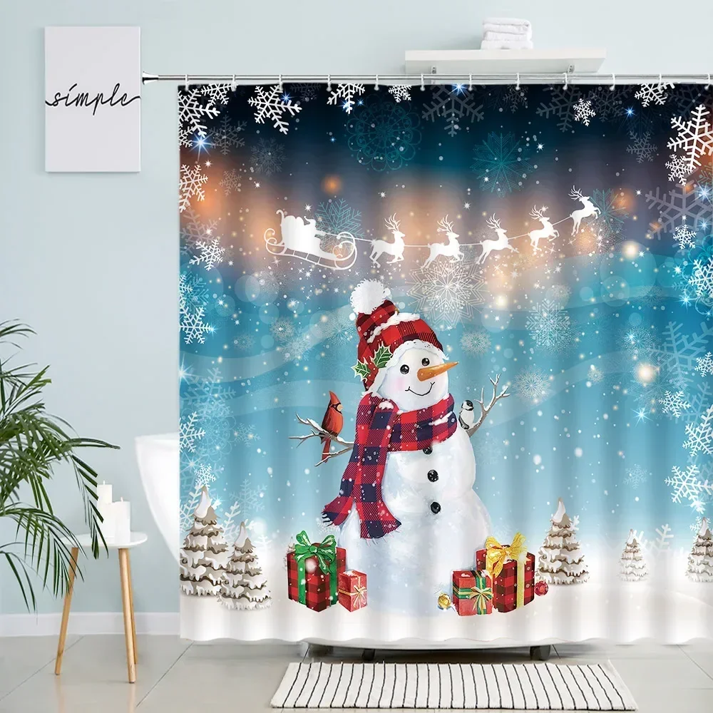 Cute Snowman Christmas Shower Curtains Snowflake Elk Bird Cedar Gift Winter Scenery Blue New Year Xmas Fabric Bathroom Decor Set