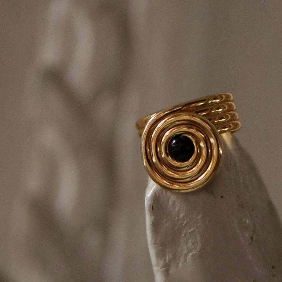 

Personality 925 Silver Black Agate Ring 18K Gold Plated Black Stone Circle Finger Band Vintage Handmade Turkish Jewelry For Men