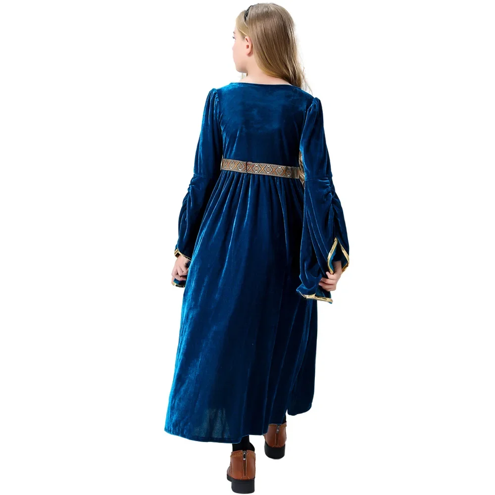 Kids Girls Long Sleeve Medieval Costume Velvet Flare Sleeve Long Dress Party Dress Up Clothes