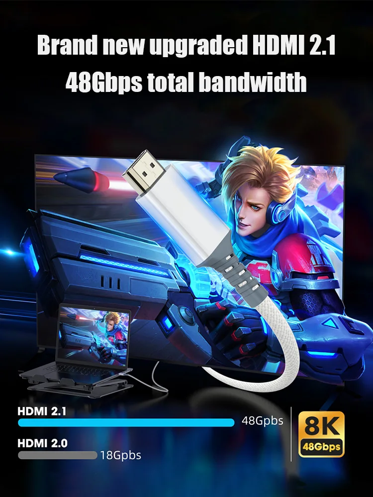 HDMI 2.1 Cable 8K/60Hz 4K/120Hz 48Gbps Dynamic HDR10+/eARC/HDCP 2.3 For PS5 PS4 Xbox RTX3080 3090 Laptop Display Projector