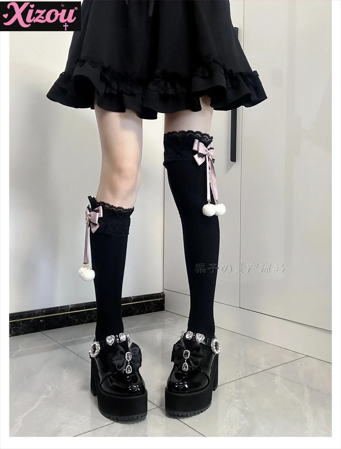 JK Girl Socks Japanese Mine Series Mass-produced Long Tube Hairball Bow Thigh High Socks Lolita Knee High Socks Lace Stockings