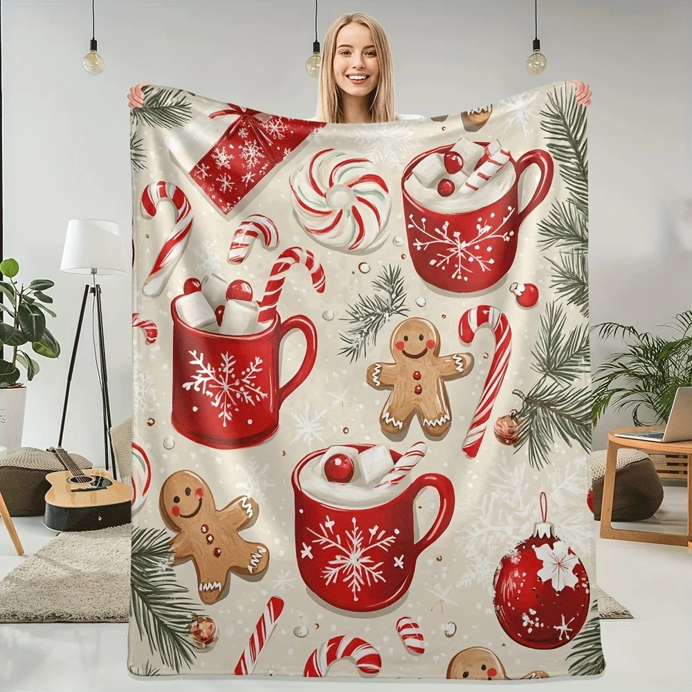 Weihnachtskakao-Lebkuchen-Flanelldecke – Rot und Weiß |   Tassen/Süßigkeitstangen/Schneeflocken |   Sofa/Bett/Reise/Büro-Feiertagsgebrauch
