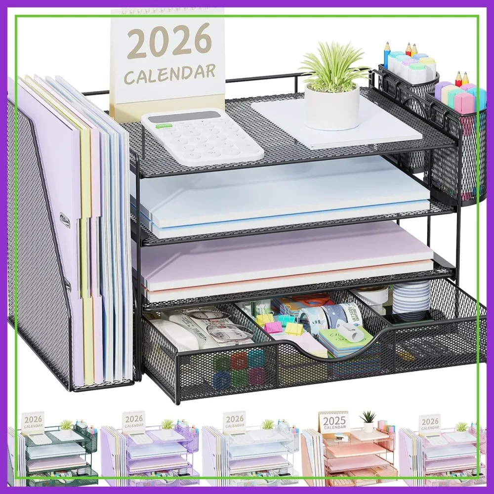 4-Tier Desk Organizer with File Holder, Drawer & Pen Holders, Paper Organizer for Office Supplies
