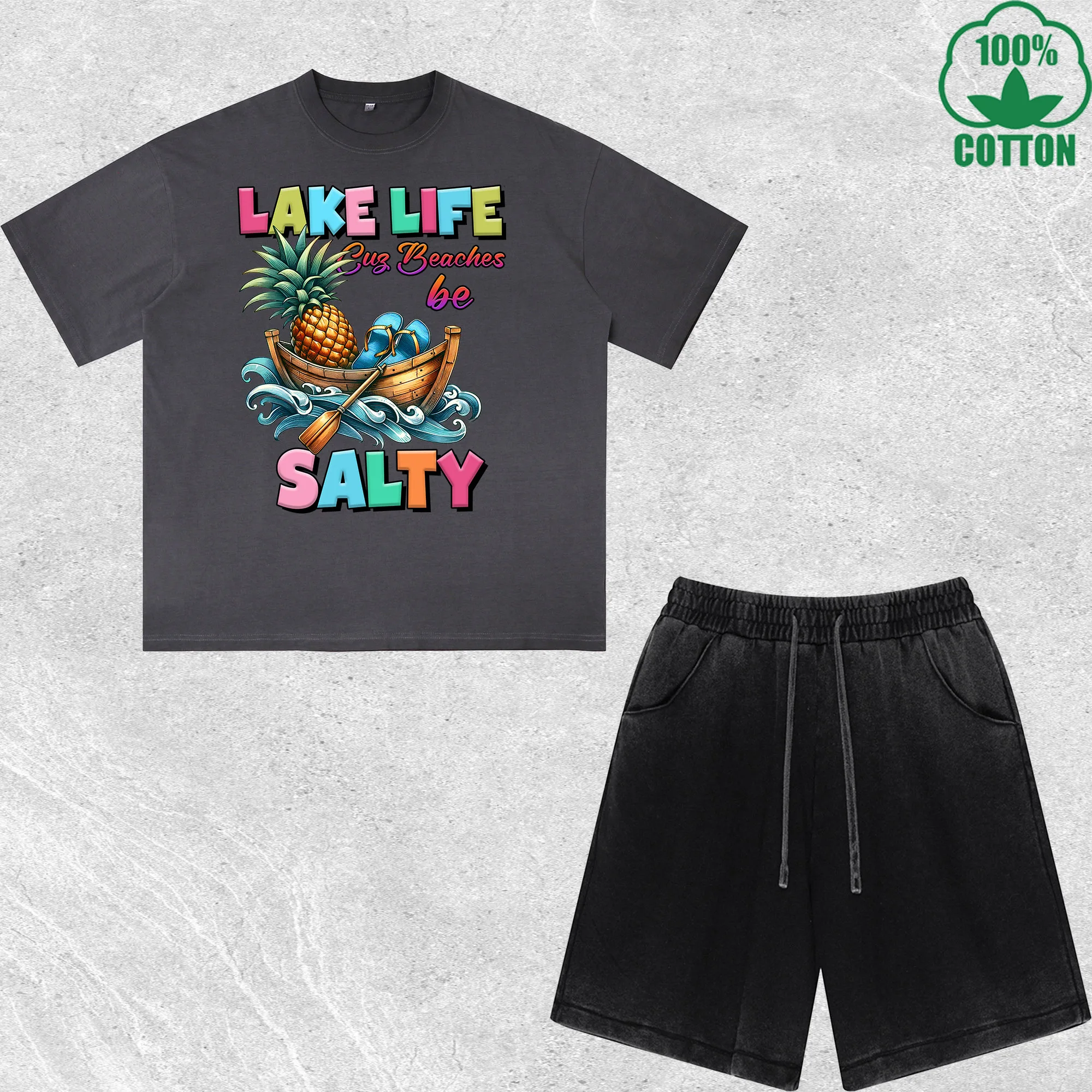 

Lake Life Salty Printed Dirty Wash T-Shirt Shorts Set Multicolor Combo Loose Trendy Fashionable 100%Cotton