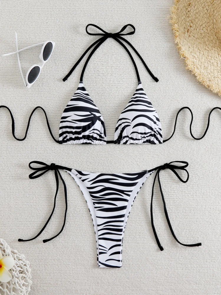 Bikini Women Swimsuit 2025 New Striped Halter Bikinis Set Sexy Backless Swimwear Summer Lace Up Beach Wear Bathing Suit Female